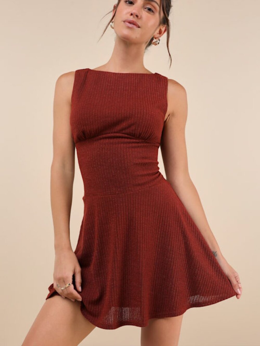 Lulus Modern Moves Brick Red Ribbed Knit Sleeveless Mini Dress Orange - Size M